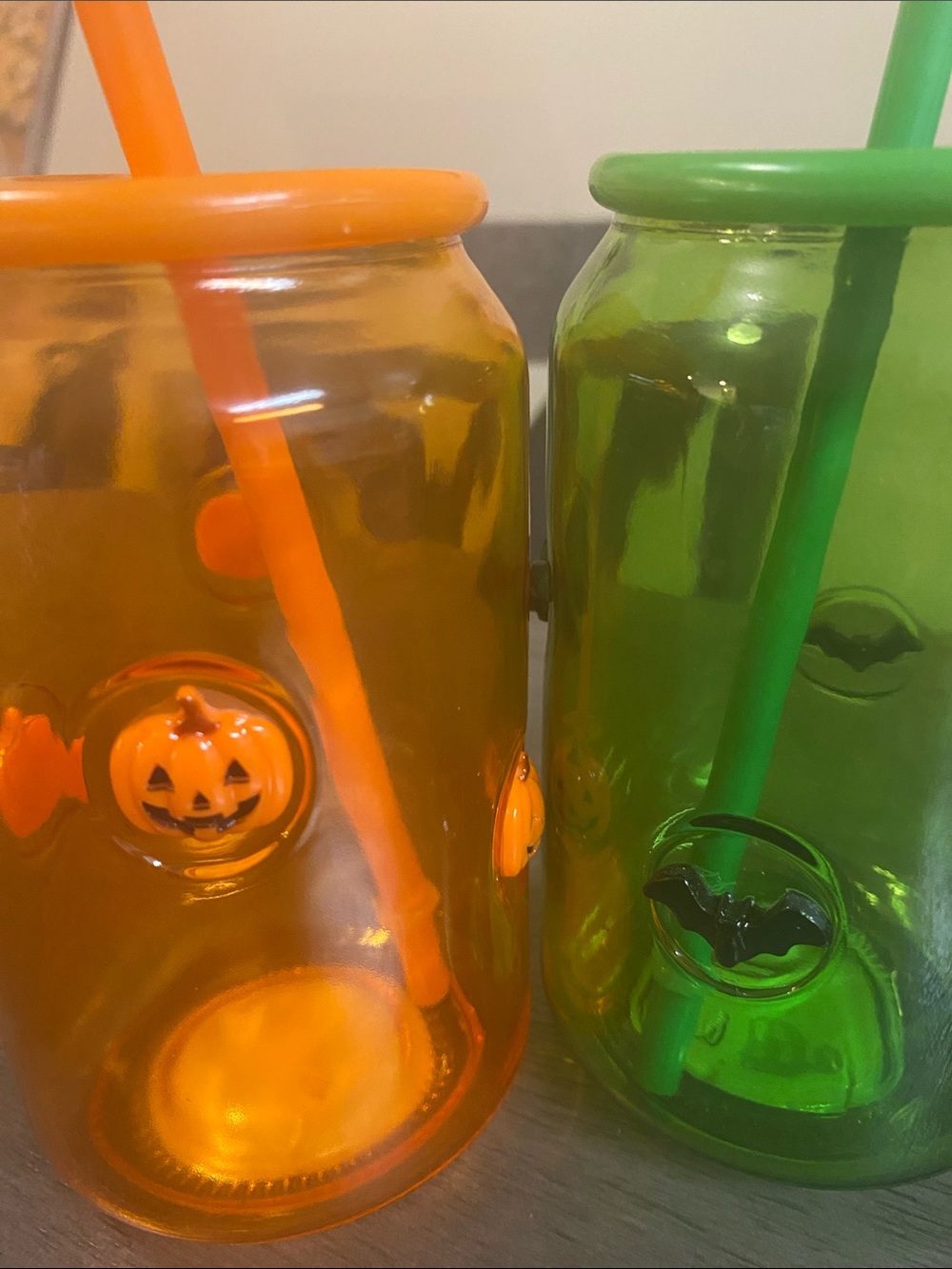 Orange and Green Halloween Jar Tumblers with Lids and Straws